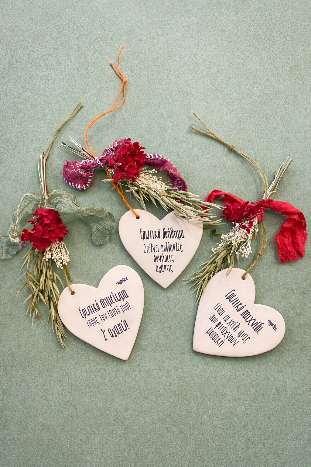 Ceramic hearts with quotes and dried bouquets